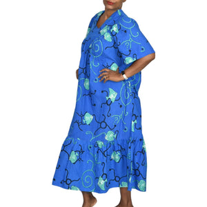 Vintage Patio Dress Housedress Midi Muumuu Blue Fish Print Tent Size Medium