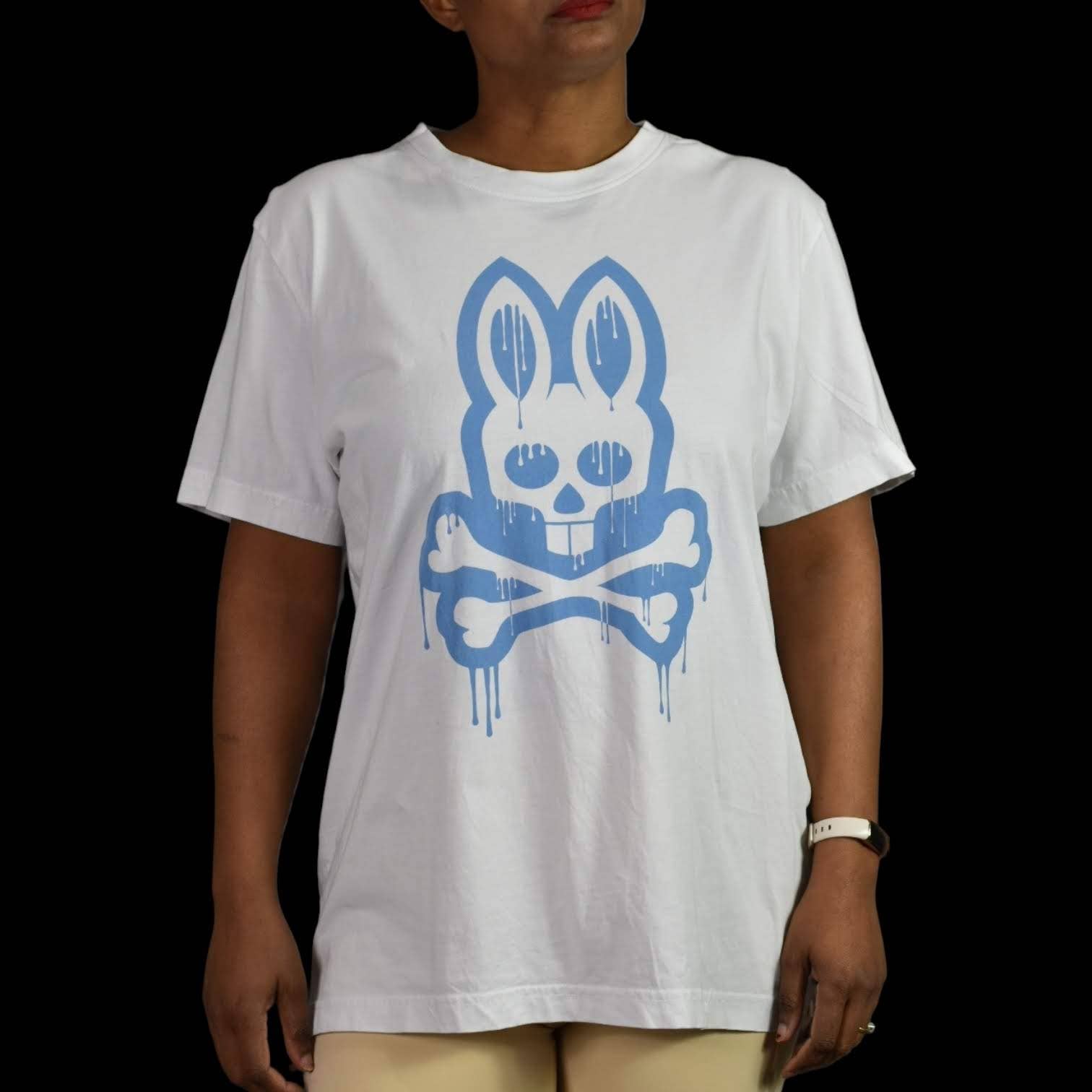 Psycho Bunny Tee Shirt Dripping Graphic White Blue Crew Neck Short Sleeve Size Small Mens