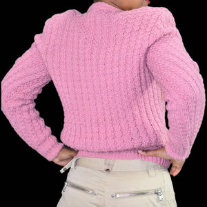 Vintage Pink Sweater Mauve Cottagecore Hand Knit Ribbed V Neck Shoulder Pads Size Small