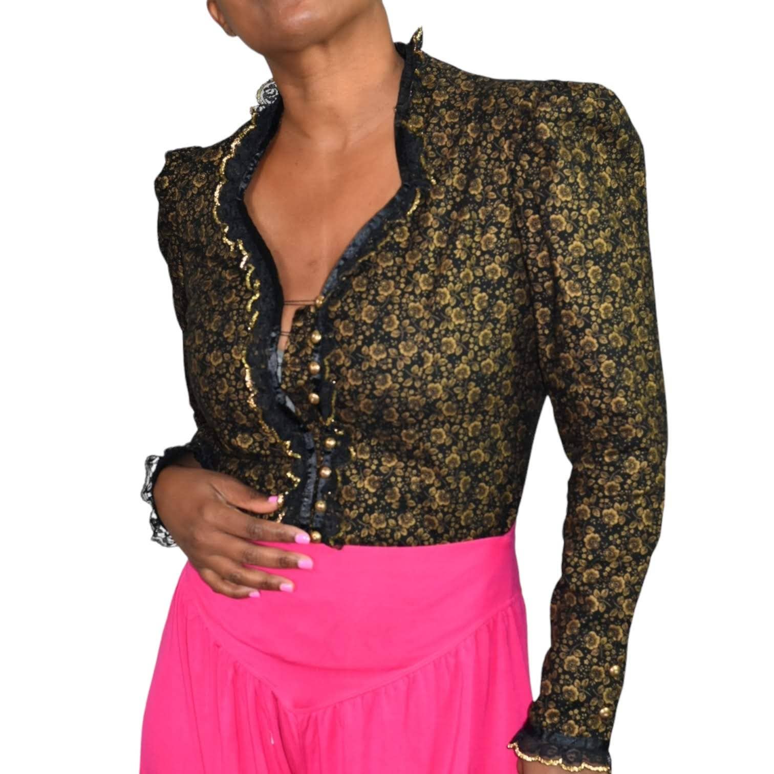 Vintage Victorian Shirt Black Gold Prairie Puffed Sleeve Corset Circle T Marilyn Lenox 80s Western Small