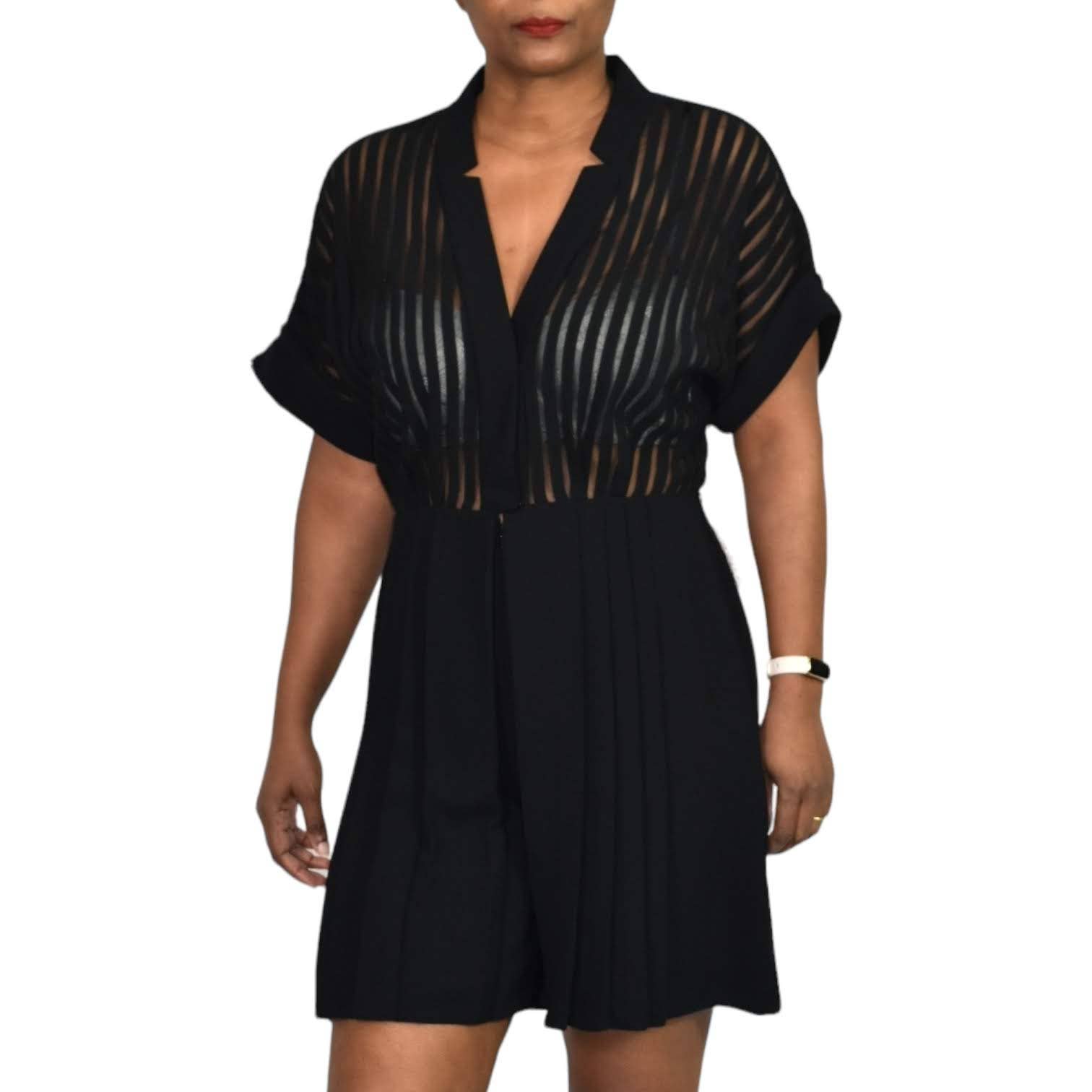 Kay Unger Black Romper Pleated Short Mesh Tailored Sheer Striped Wide The Thriftanista Closet Kay Unger Black Romper Pleated Short Mesh Tailored Sheer Striped Wide The Thriftanista Closet