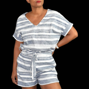 Madewell Perimeter Striped Romper Belted Blue Playsuit Shorts Linen Size Small