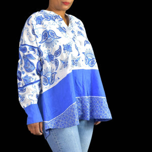 Ros Garden Jackson Top Blue Tunic Shirt Block Paisley Print Long Sleeve Size Small