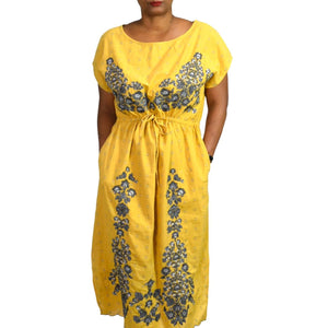 Sundance Felicity Dress Yellow Embroidered Sequin Midi Side Slit Pockets Size XL