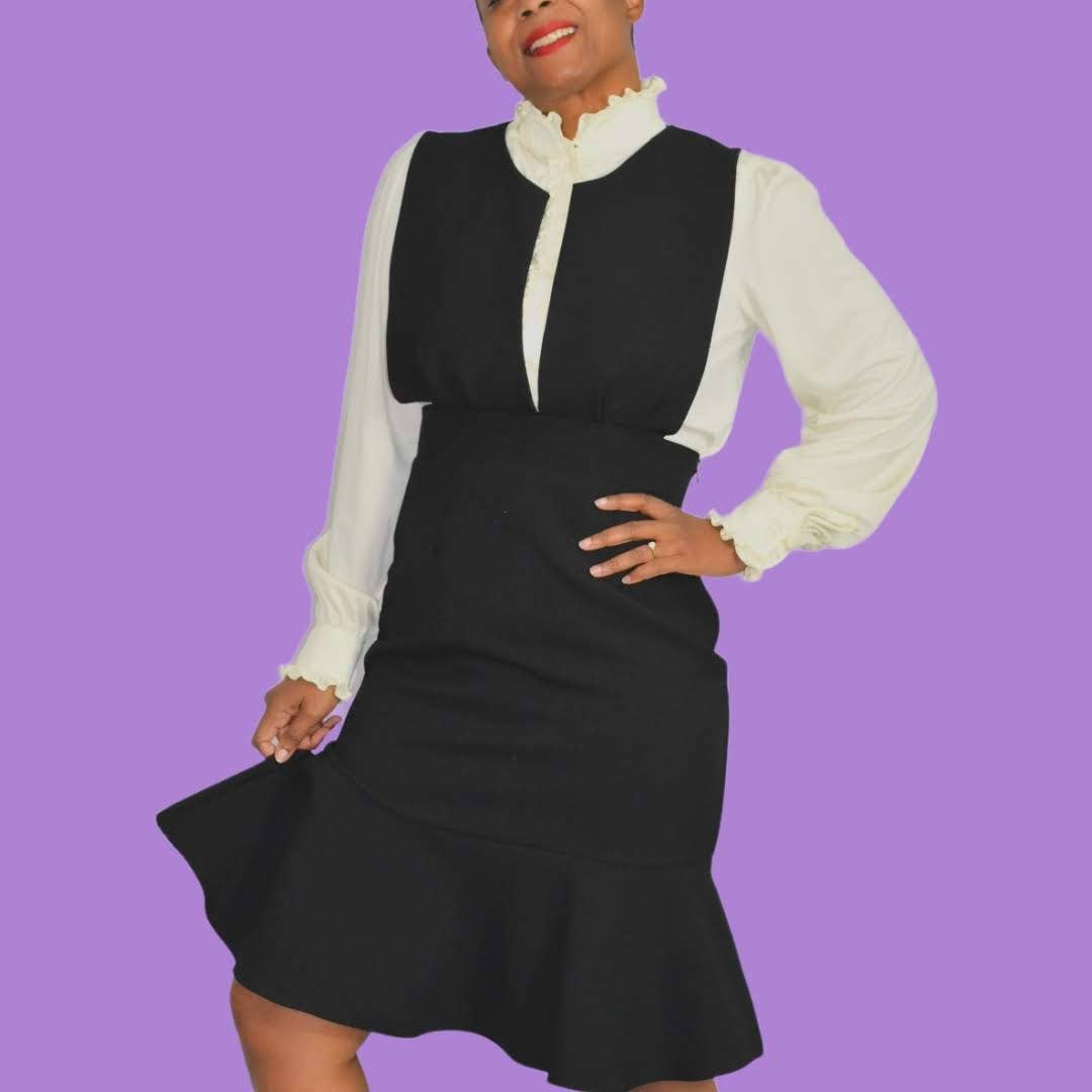 Jumper Dress Black Peplum Pinafore Trumpet Skirt Ebuba Monochrome Size Medium