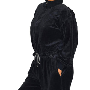 Geoffrey Hunter Sport Vintage Velour Jumpsuit Black Loungewear Tracksuit Drawstring Waist Size Medium