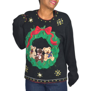 Ugly Christmas Sweater Vintage Teddy Bears Wreath Embroidered Knit Holiday Size XL BP Design