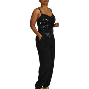 New Leaf Vintage Sequin Jumpsuit Black Sweetheart Tapered Yoke Pleated Pants Pantsuit Size Small