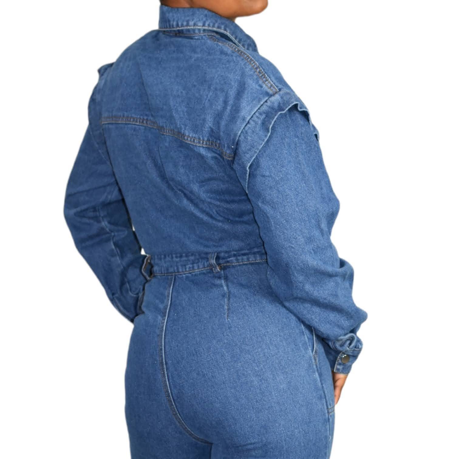 Fashion Nova Denim Utility Jumpsuit Day to Night Joggers Blue Jeans Size Small