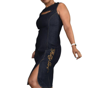 FUBU Denim Dress Y2K Vintage Fatty Girl Blue Jean Bodycon Crystals Bling Size Medium