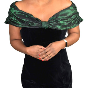 Vintage Laura Ashley Velvet Dress Green Midi Taffeta Off the Shoulder 80s Great Britain Size Medium