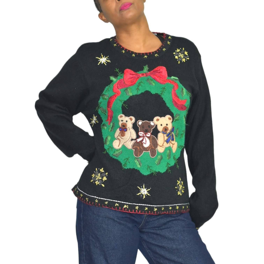 Ugly Christmas Sweater Vintage Teddy Bears Wreath Embroidered Knit Holiday Size XL BP Design