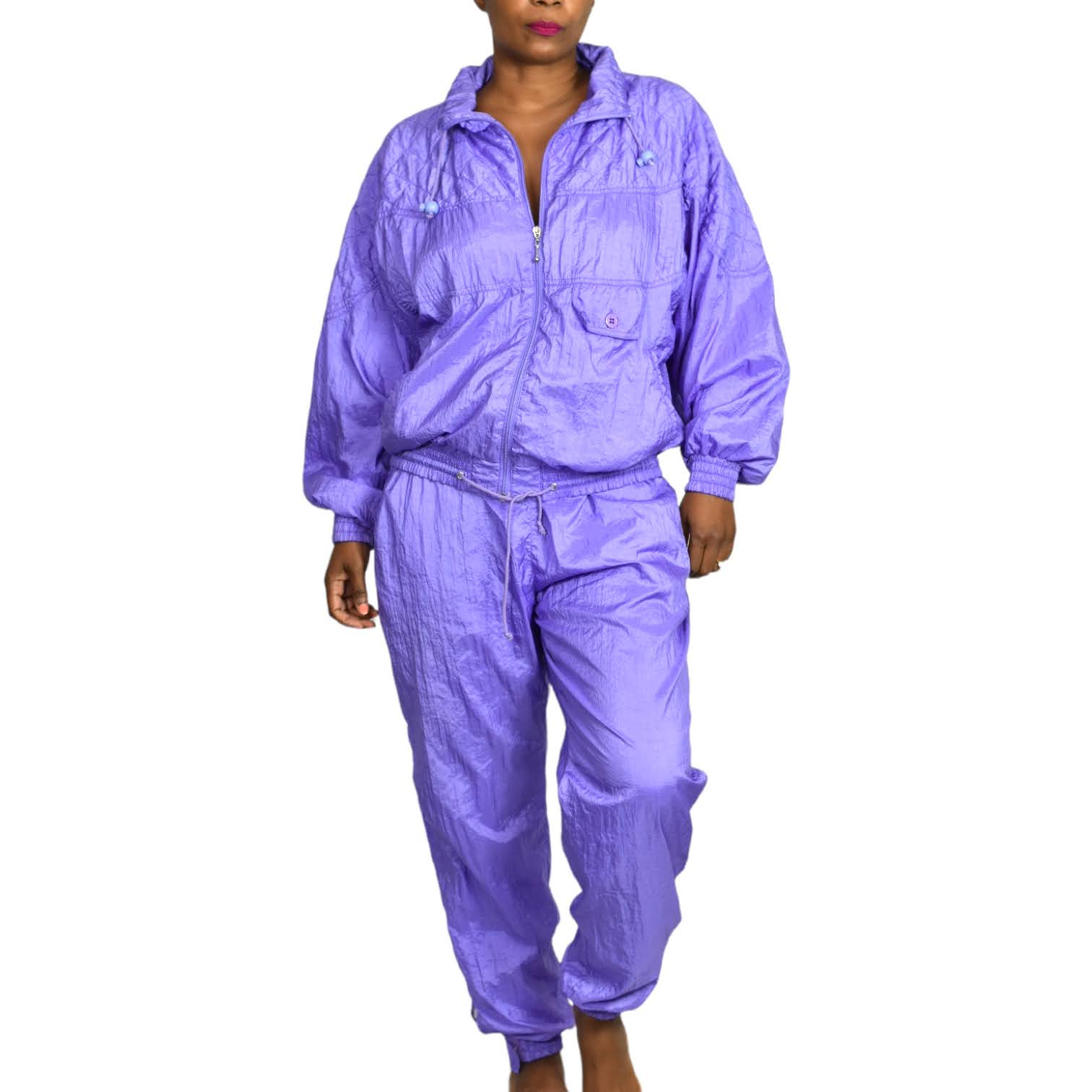 Vintage Nylon Track Suit CoOrd Pastel Purple Lilac Jacket Pant Jogger Set Large