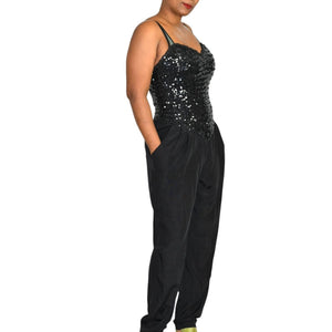 New Leaf Vintage Sequin Jumpsuit Black Sweetheart Tapered Yoke Pleated Pants Pantsuit Size Small