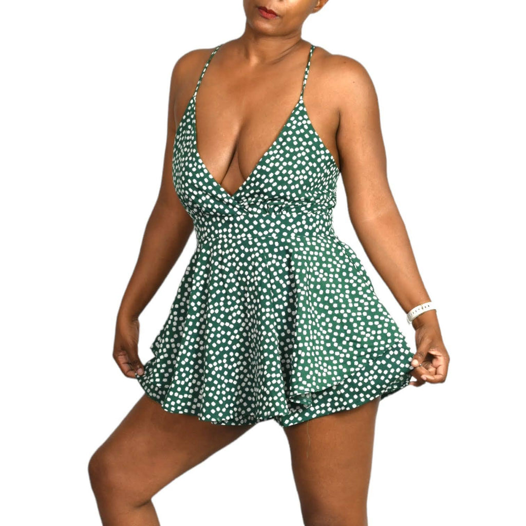 Nasty Gal Floral Ruffle Romper Be Flower Guest Green Daisy Short Playsuit Size 6