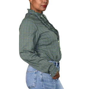Vintage LL Bean Victorian Shirt Plaid Check Bib Front Ruffle Top Cotton Size Medium