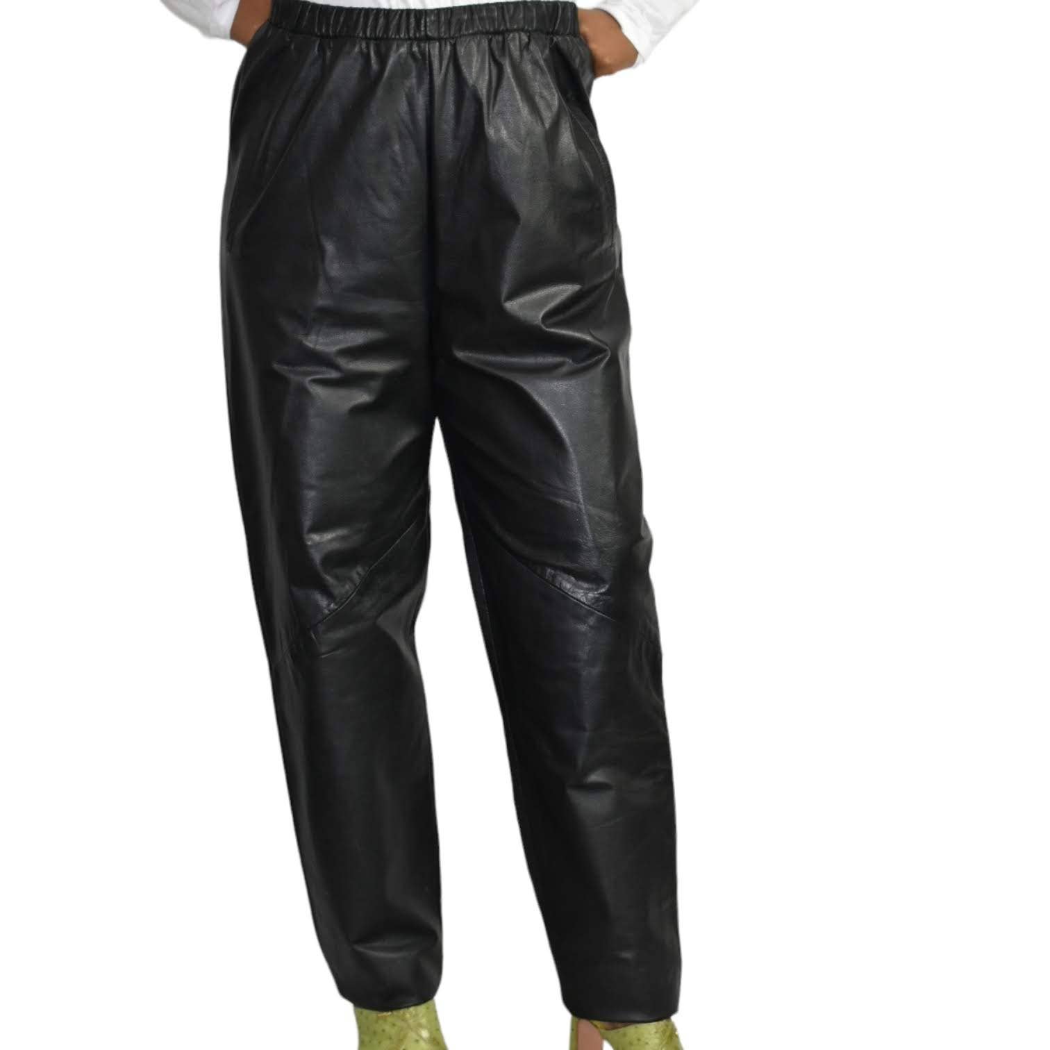 Vintage Baggy Leather Pants Pia Rucci Black Elastic Waist Tapered High Waist Size Medium