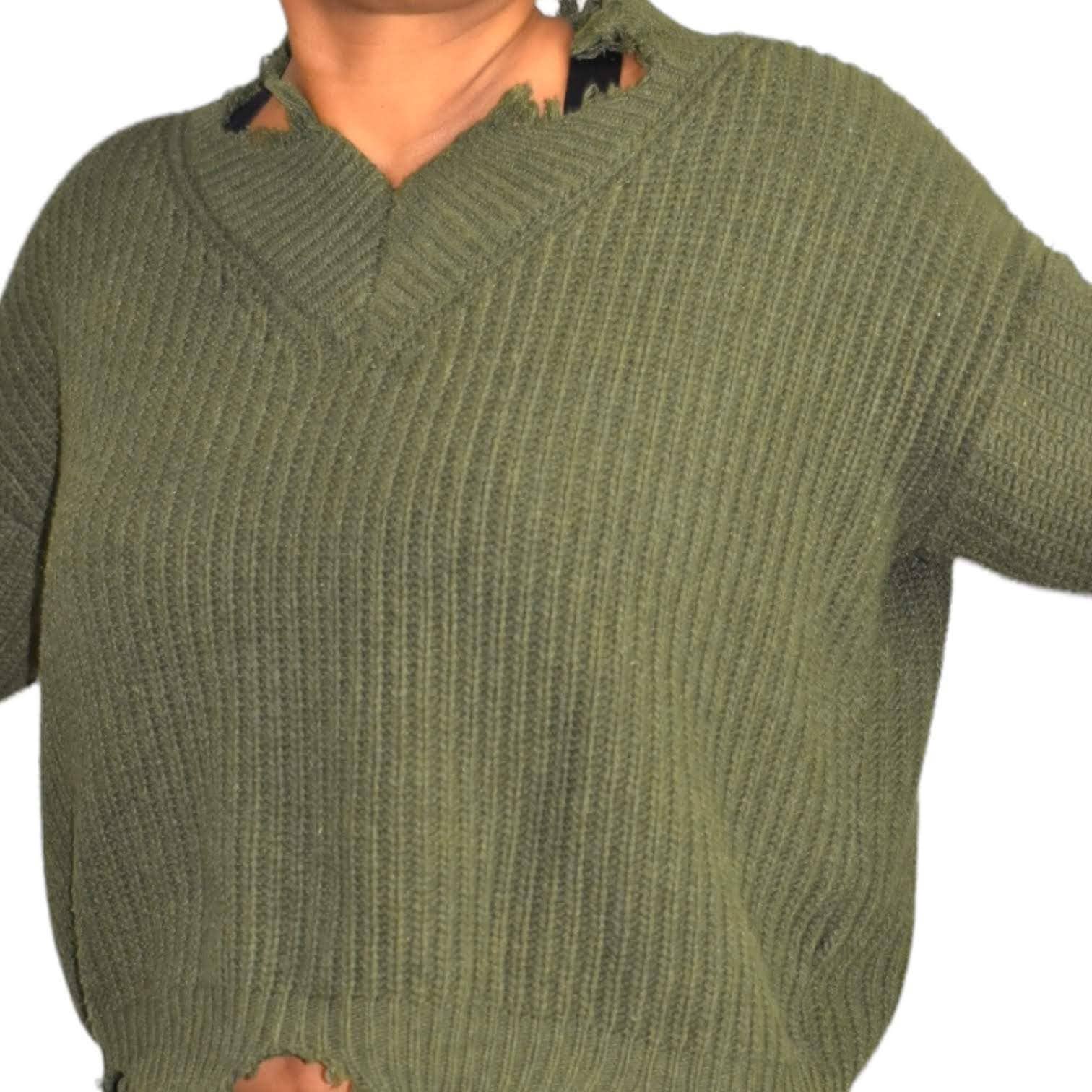 Seek the Label Distressed Sweater Olive Green Ribbed Knit Pullover Size Medium