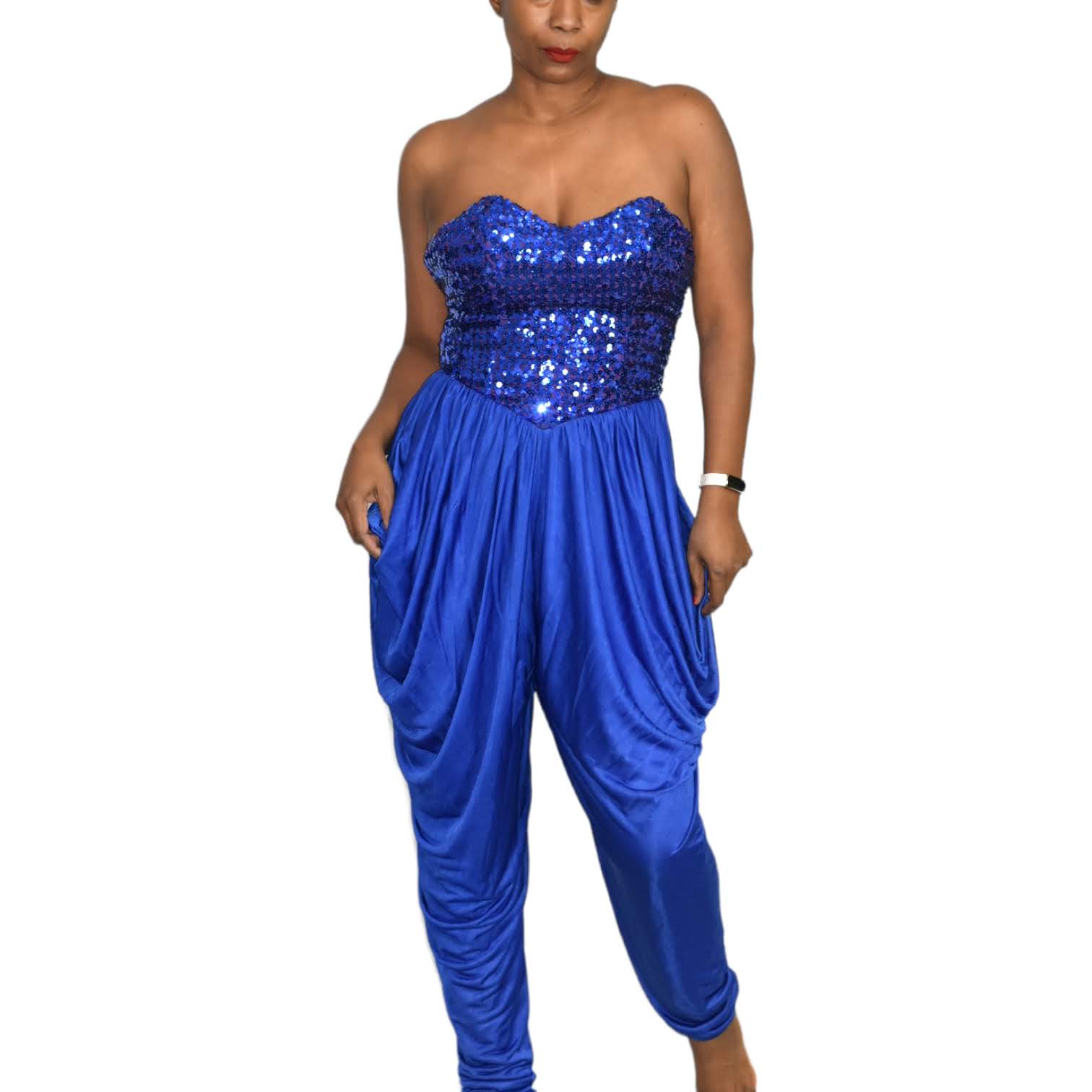 Vintage Sequin Harem Pant Jumpsuit Blue Strapless Sweetheart Draped Size Small
