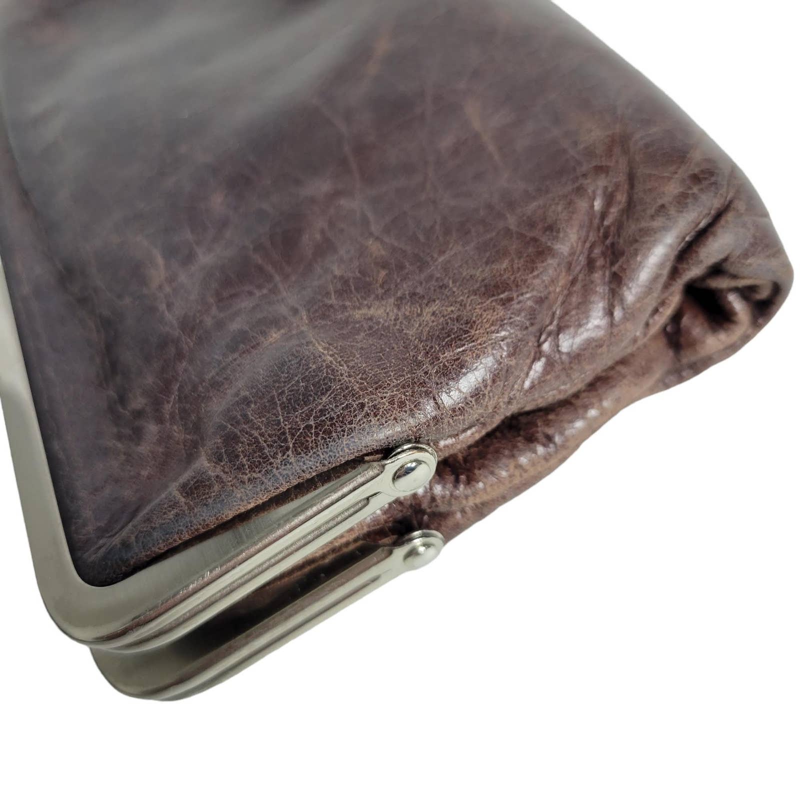 Hobo Clutch Wallet Lauren Double Frame Dark Distressed Brown Leather Pockets Kiss Lock