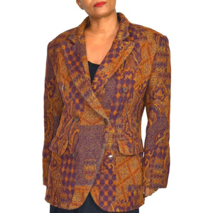 Vintage Papell Blazer Jacket Brown Double Breasted Oversized Printed Size Medium