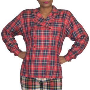 Vintage Tartan Shirt Red Double Breasted Tartan Chef Top LizSport Size Small Petite