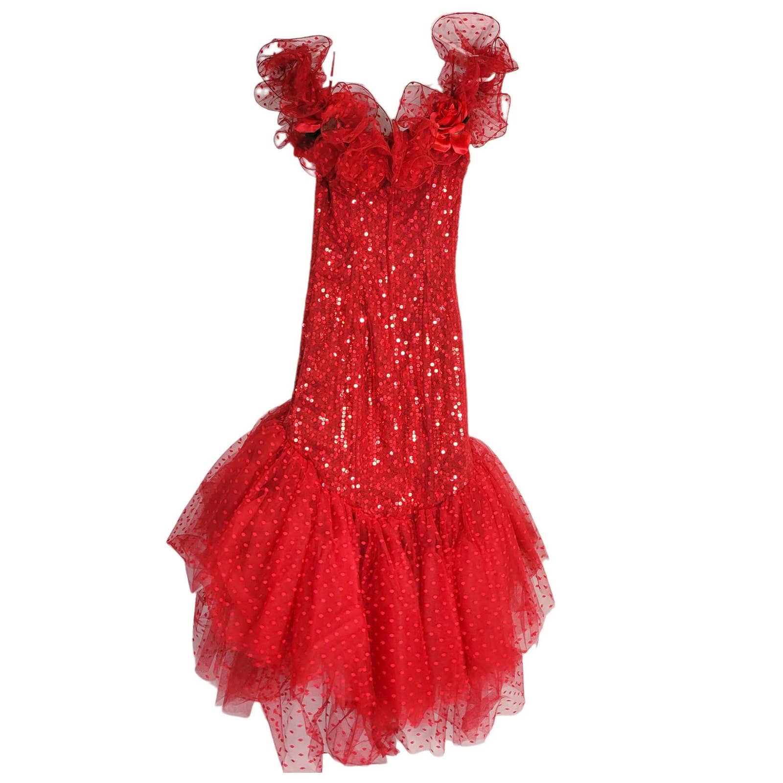 Vintage Sequin Dress Red Mermaid Loralie 90s Prom Tulle Mesh Off the Shoulder Ruffles Size XS 2