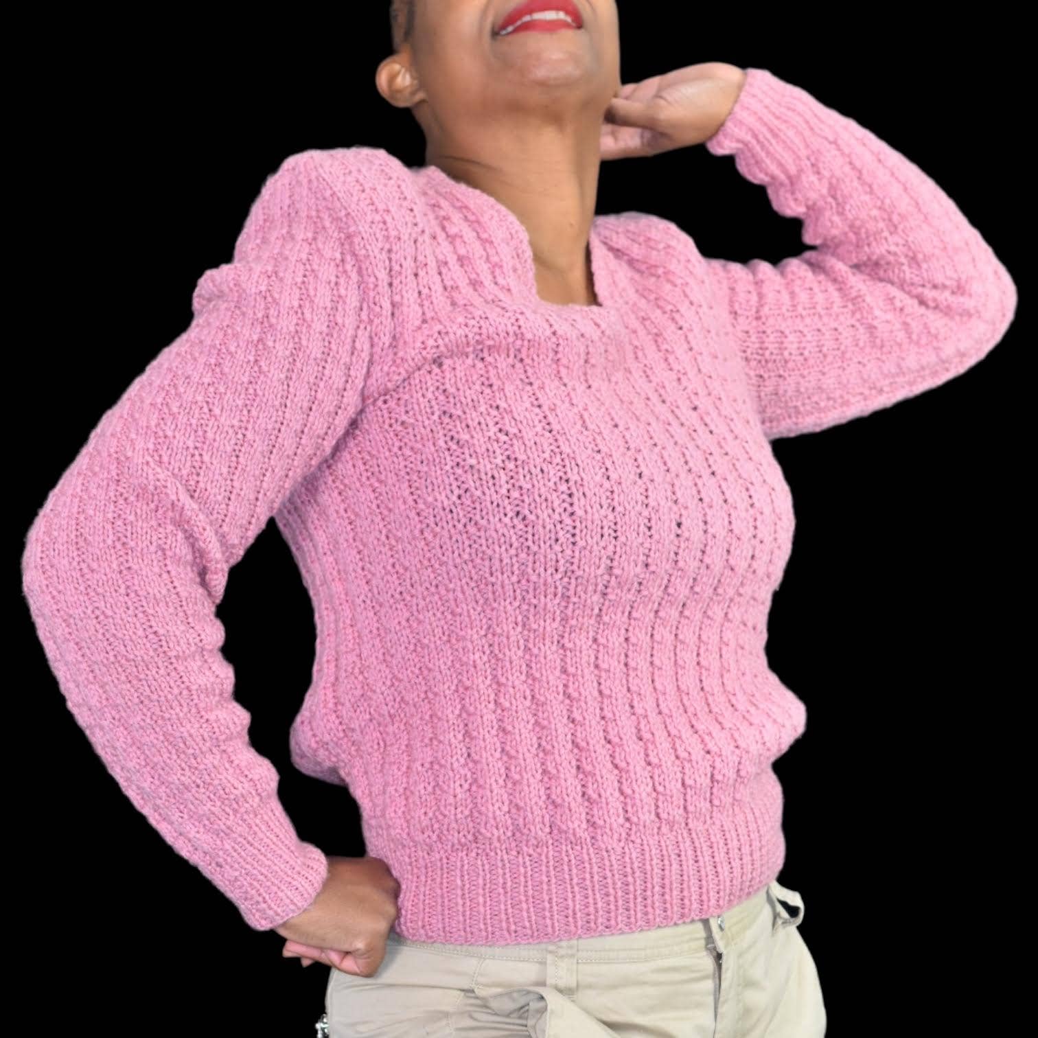 Vintage Pink Sweater Mauve Cottagecore Hand Knit Ribbed V Neck Shoulder Pads Size Small