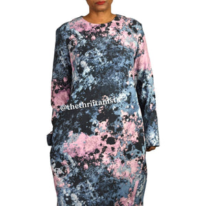 COS Cocoon Dress Tie Dye Blue Multicolor Abstract Print Midi Sheath Size Medium