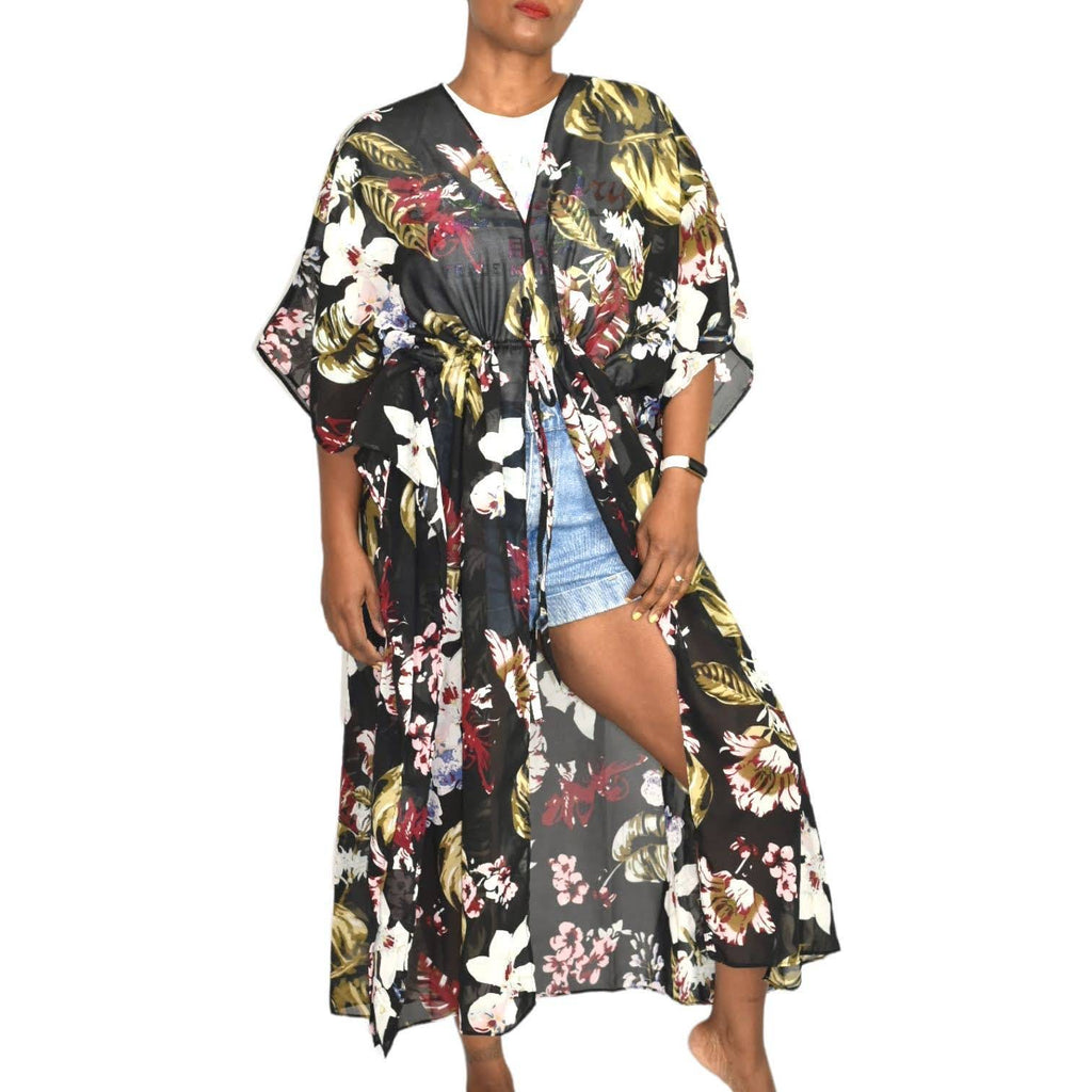 Walter Baker Floral Caftan Tulum Tropical Kimono Cover Up Kimono Sheer One Size