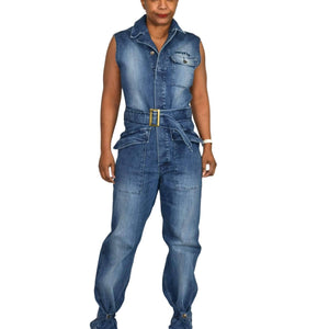 Rocawear Sleeveless Denim Utility Cargo Flight Jumpsuit Stretch Blue Jeans Y2K Size Large