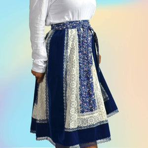 Carefree Fashions Vintage 70s Blue Velveteen Skirt Midi Patchwork Floral Lace Velvet Size Small