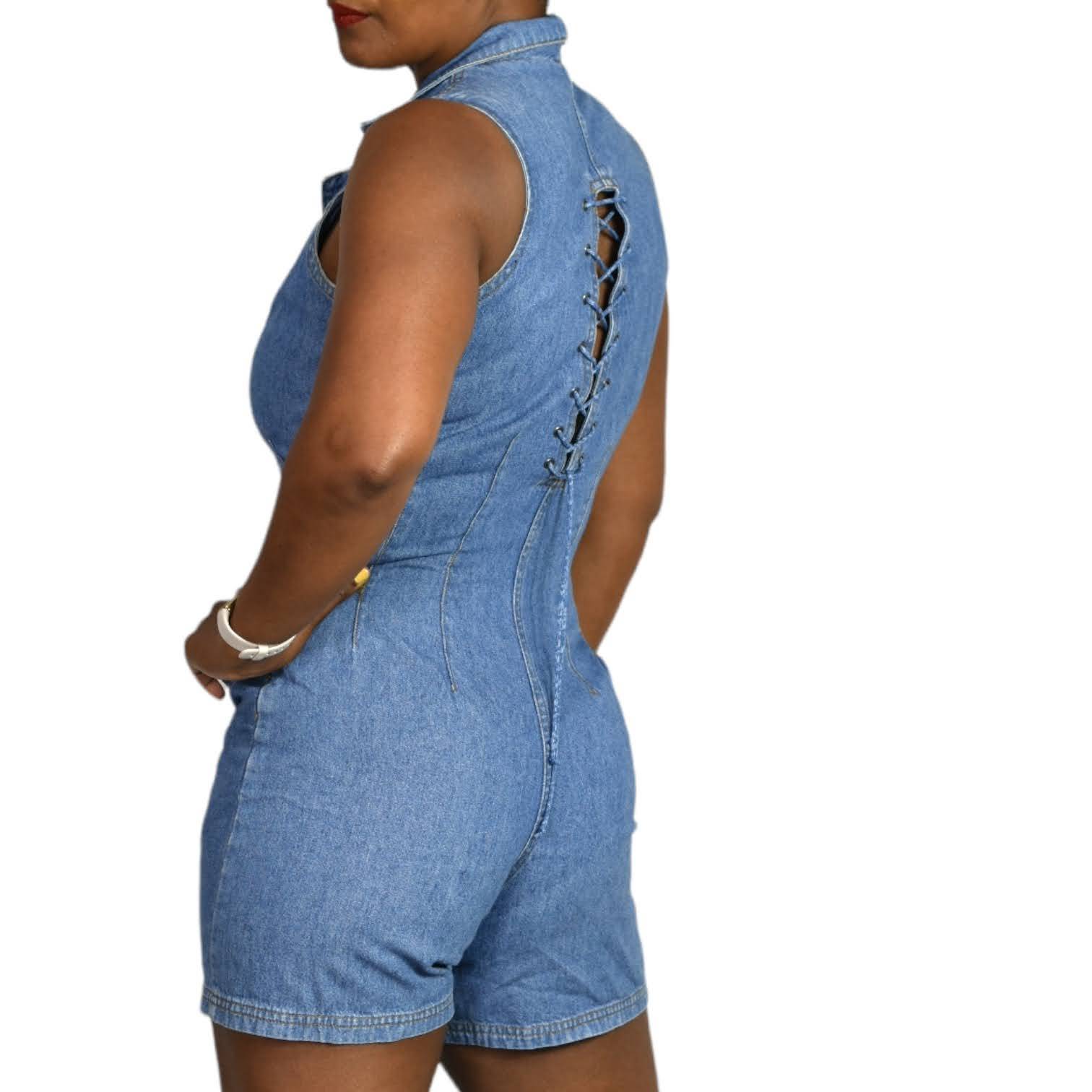 Vintage Denim Romper Jeans Playsuit Shorts Laced Back Cutout Blue Cotton Size XS