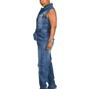 Rocawear Sleeveless Denim Utility Cargo Flight Jumpsuit Stretch Blue Jeans Y2K Size Large