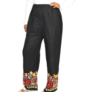 Black Embroidery Hem Pants Linen Elastic High Waisted Straight Leg Size Medium