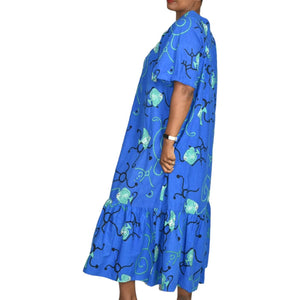 Vintage Patio Dress Housedress Midi Muumuu Blue Fish Print Tent Size Medium