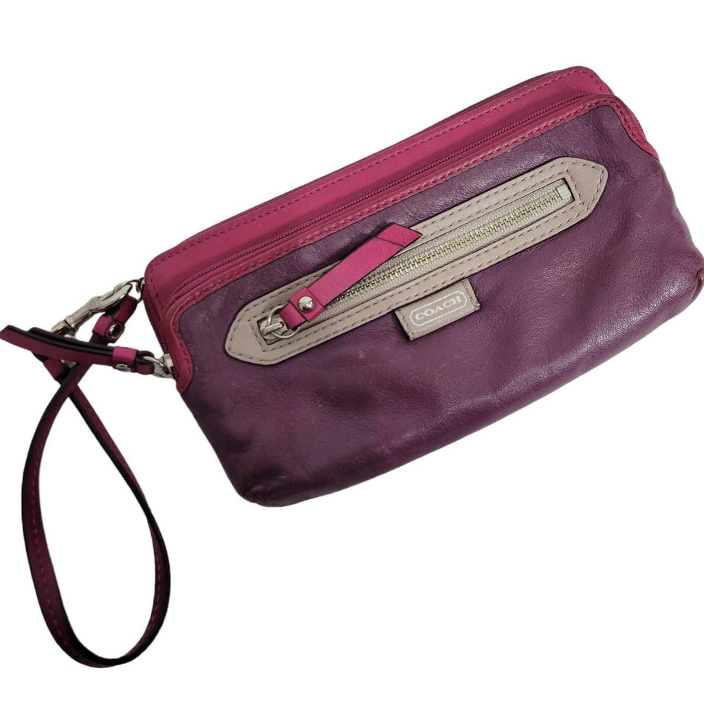 Coach Daisy Spectator Double Wallet Colorblock Purple Leather Strap Wristlet