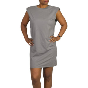 Babaton Shoulder Pad Dress Pewter Grey Crew Neck Mini Boxy Waif T-Shirt Size XXS