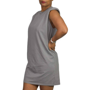 Babaton Shoulder Pad Dress Pewter Grey Crew Neck Mini Boxy Waif T-Shirt Size XXS