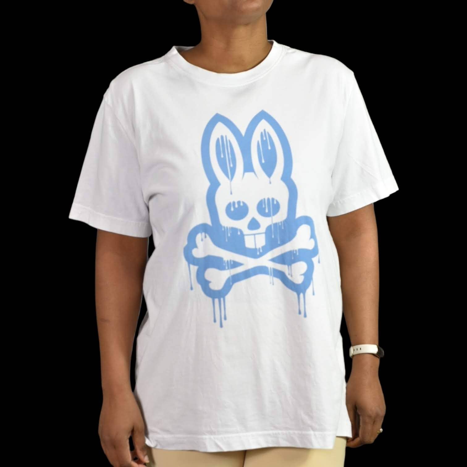 Psycho Bunny Tee Shirt Dripping Graphic White Blue Crew Neck Short Sleeve Size Small Mens
