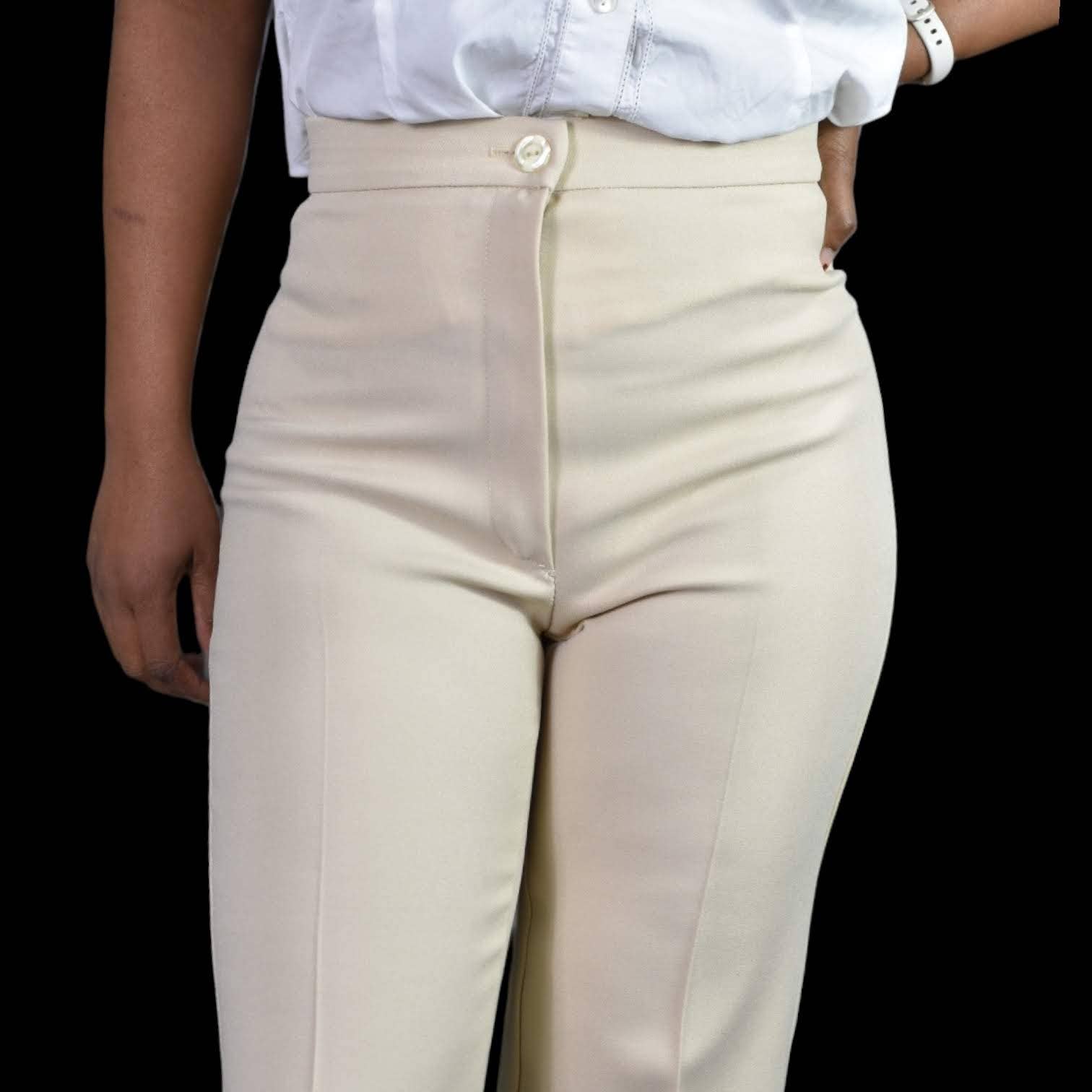 Vintage Polyester Pants Beige Trousers 70s Wide Leg High Waist Neutral Size 4 27