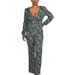 Free People Some Like it Hot Jumpsuit Blue Flare Leg Long Sleeve Floral Size 4