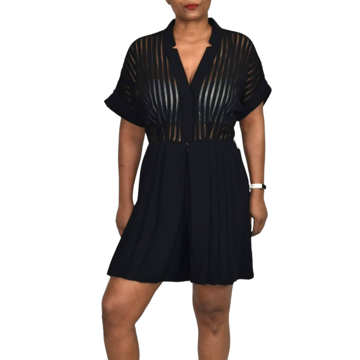 Kay Unger Black Romper Pleated Short Mesh Tailored Sheer Striped Wide The Thriftanista Closet Kay Unger Black Romper Pleated Short Mesh Tailored Sheer Striped Wide The Thriftanista Closet