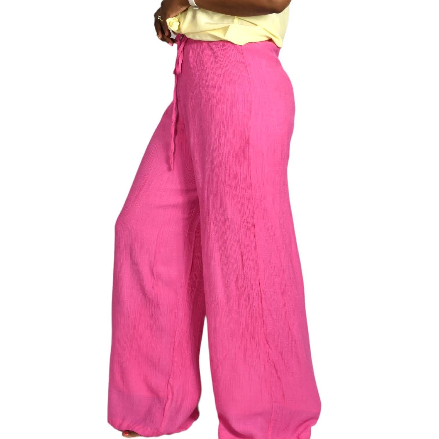 Lulus Wide Leg Pants Pink Palazzo Elastic Waist Crinkled Gauzy Rayon Size Medium