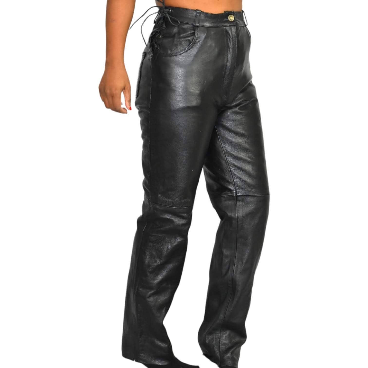 Vintage Leather Motorcycle Pants Black Side Lace High Waisted Straight Leg Size 10