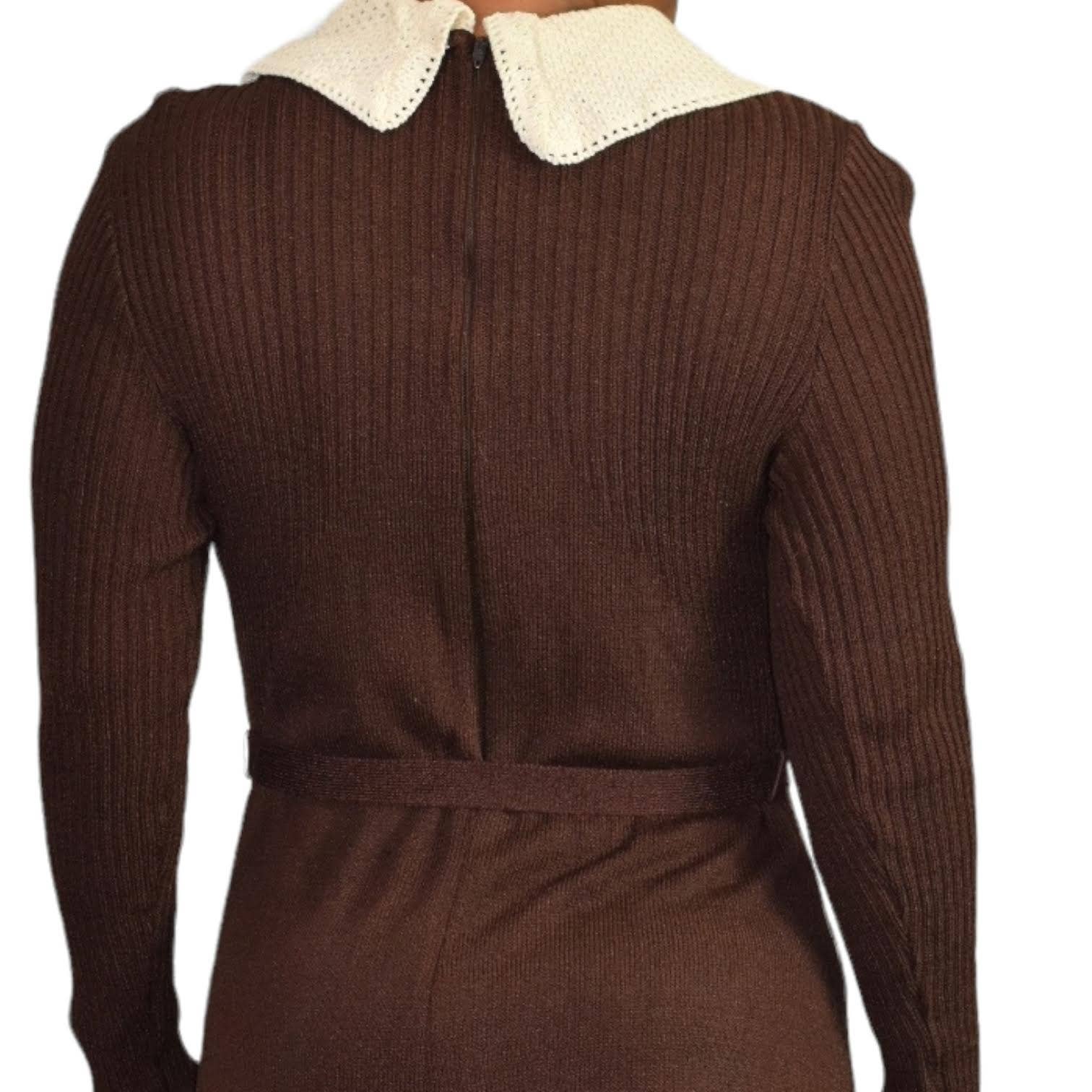 Vintage Ribbed Knit Dress 70s Brown Belted Stretch Contrast Collar Size Medium