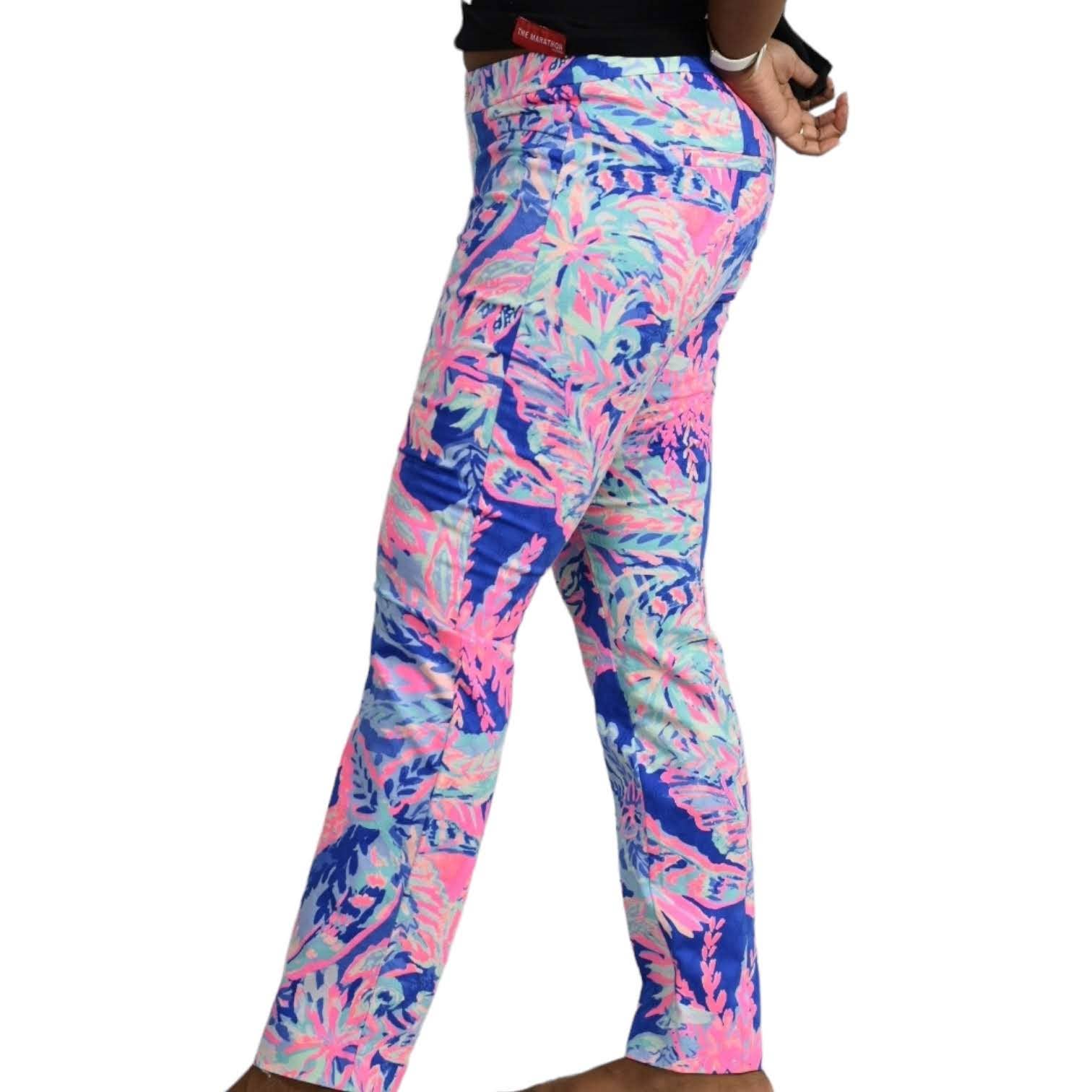 Lilly Pulitzer Pants Blue Pink Skinny Ankle Jacquard Sunset Safari Tailored Trouser Size 4