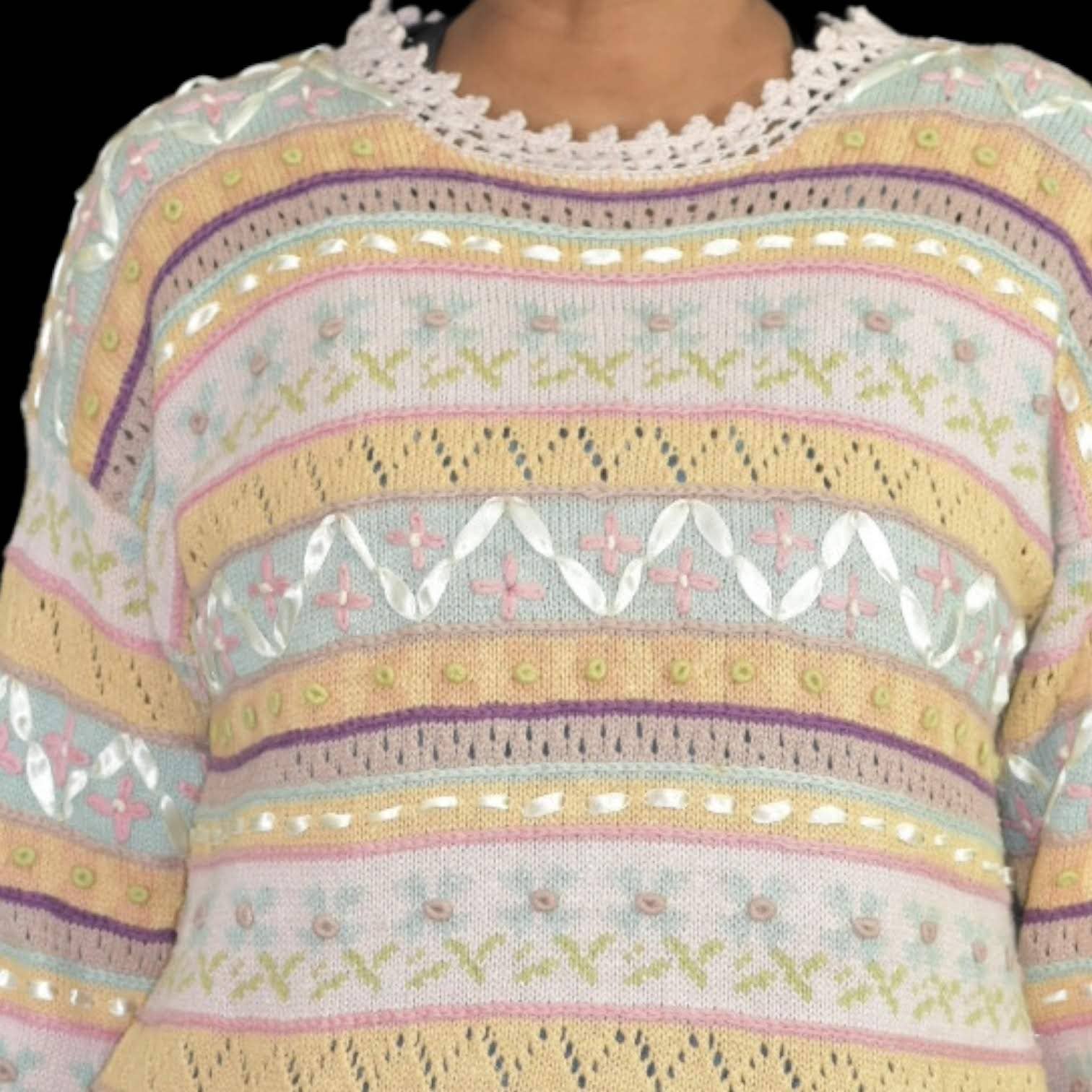 Vintage Rebecca Stone Fair Isle Sweater Pastel Crochet Ribbon Embroidery Grandma Size Large