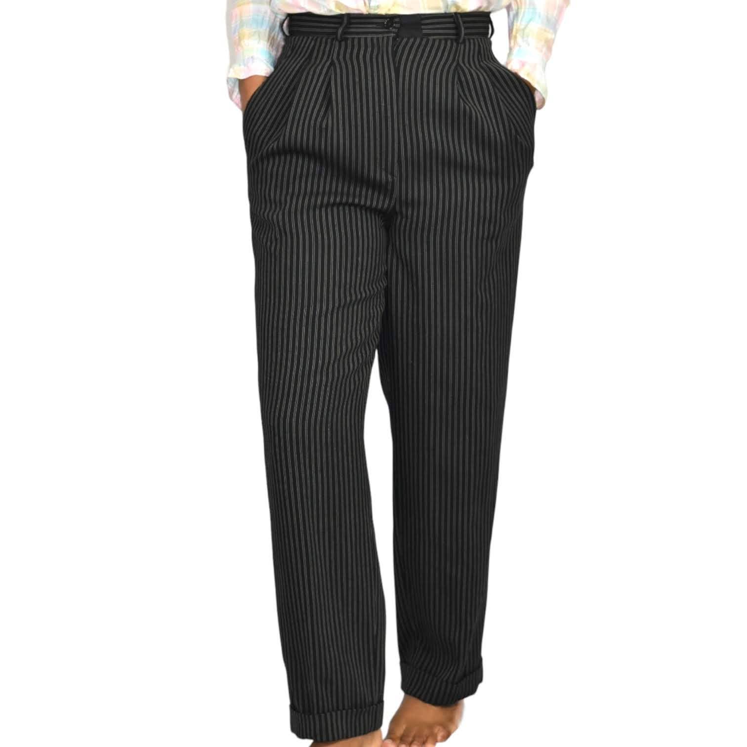 Whistles Dress Pants Pinstriped Black Pleated Wool Cuffed Trouser Striped Size 6