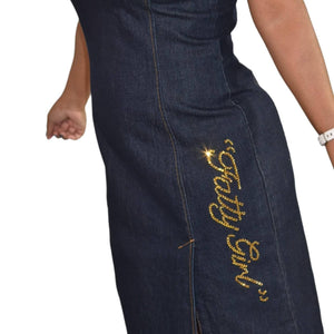 FUBU Denim Dress Y2K Vintage Fatty Girl Blue Jean Bodycon Crystals Bling Size Medium